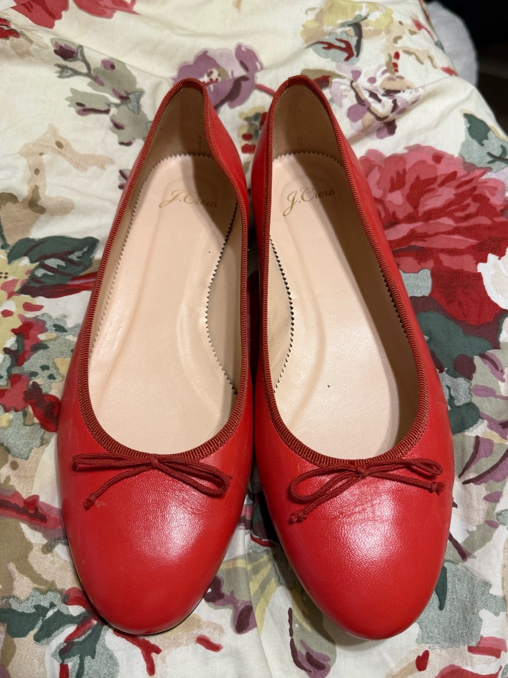 J. Crew Red Leather Ballet Flats with Bow Accent